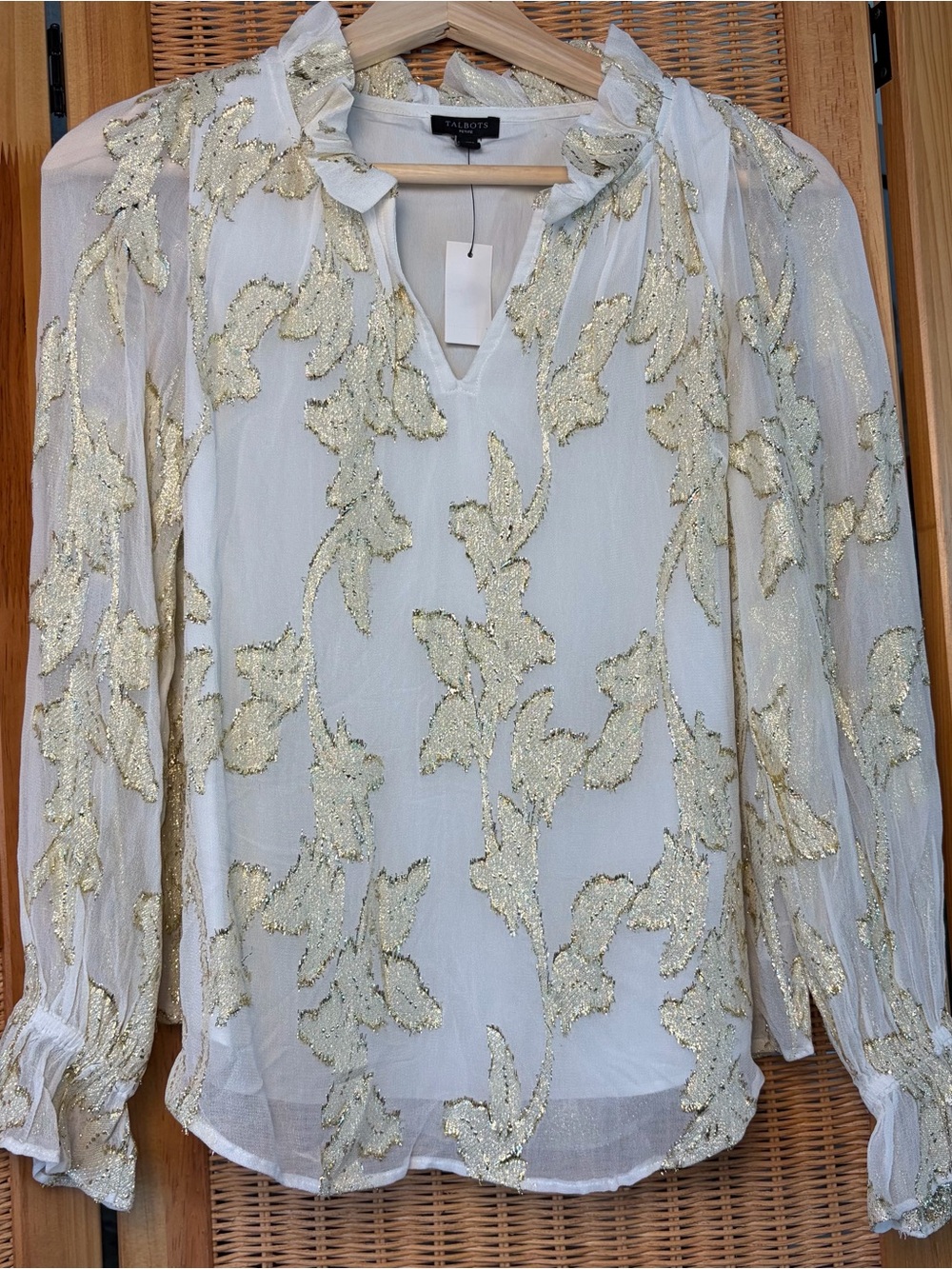 New! Talbots White Blouse with Gold Leaf Appliqué Ruffles size Petite romantic